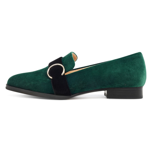 Green Almond Toe Buckled Flats Loafers for Women