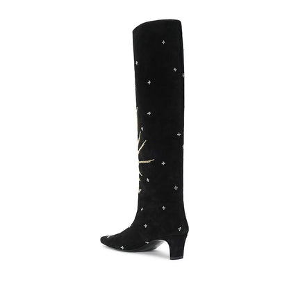 Black Beaded Square Toe Gem Decor Chunky Heel Knee High Boots