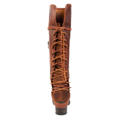Brown Round Toe Chunky Heel Lace Up Vintage Knee High Boots