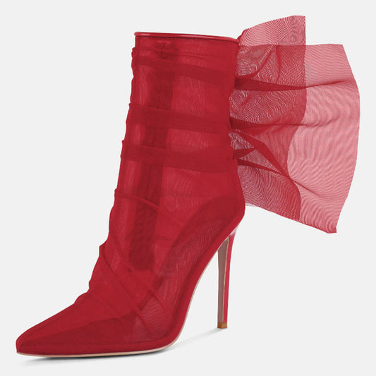 Women's Sexy Red Organza Wrapped Ankle Boots with Stiletto Heel