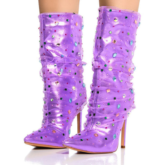 Purple Pointed Toe Pleated Tulle Rhinestone Heels Mid-Calf Boots