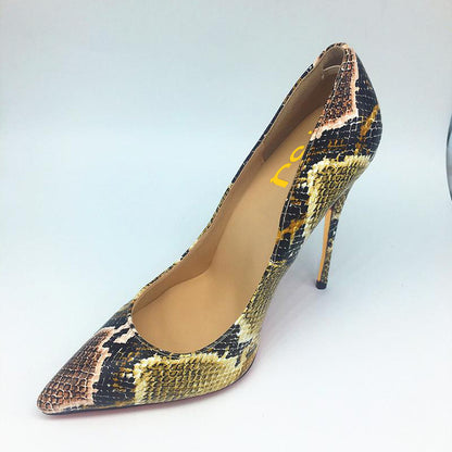 Women's Yellow Stiletto Heels Pointy Toe Python Pumps