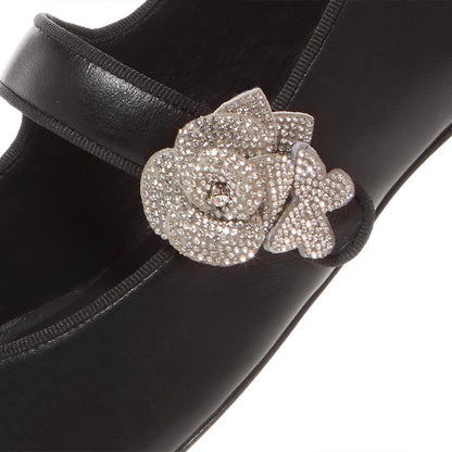 Black Square Toe Rhinestone Flower Strap Women's Dress Flats
