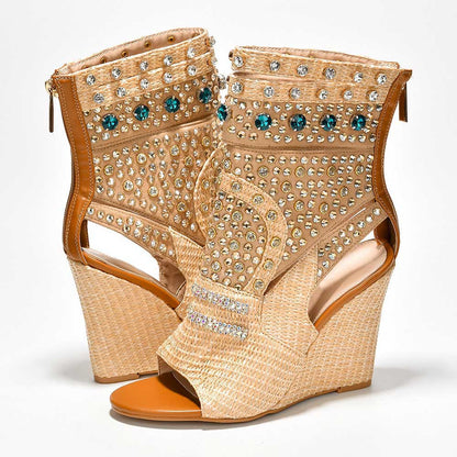 Nude & Beige Woven Wedge Heel Rhinestone Embellished Open Toe Boots