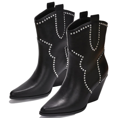 Black Closed Toe Chunky Heel Western Ankle Boots