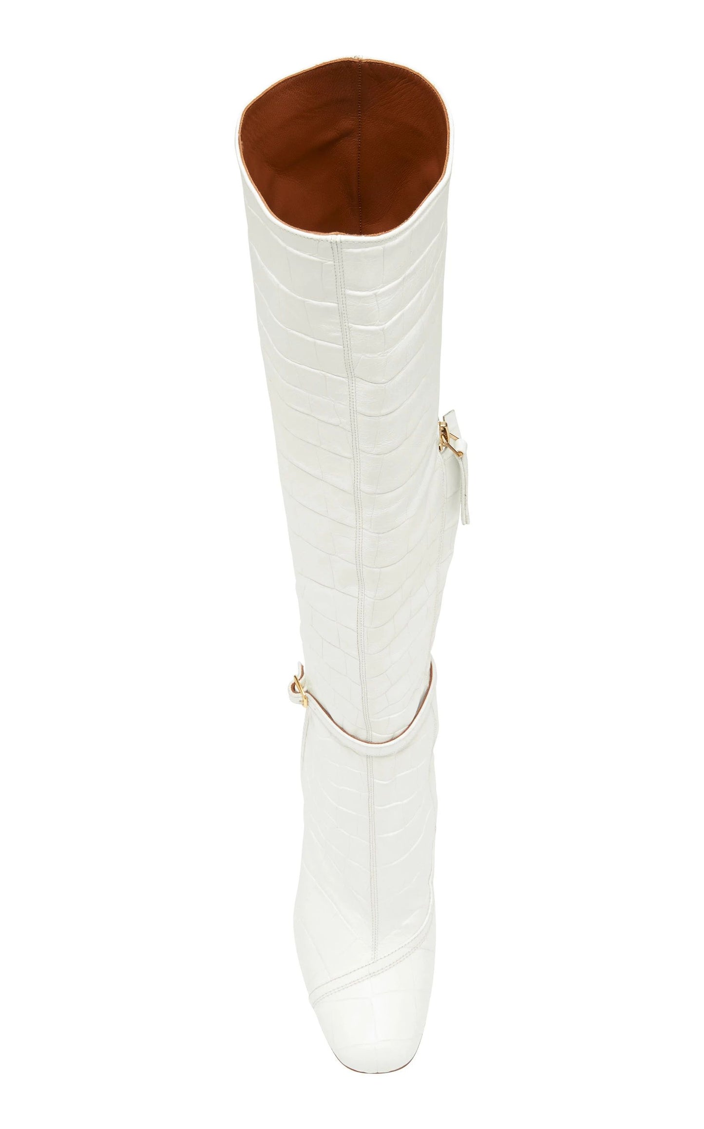 Women's White Croco Embossed Square Toe Knee High Boots with Buckle