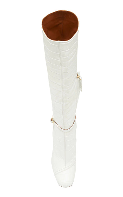 Women's White Croco Embossed Square Toe Knee High Boots with Buckle
