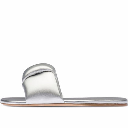 Silver Metallic Padded Slide Sandals Open Toe Flat Shoes for Women