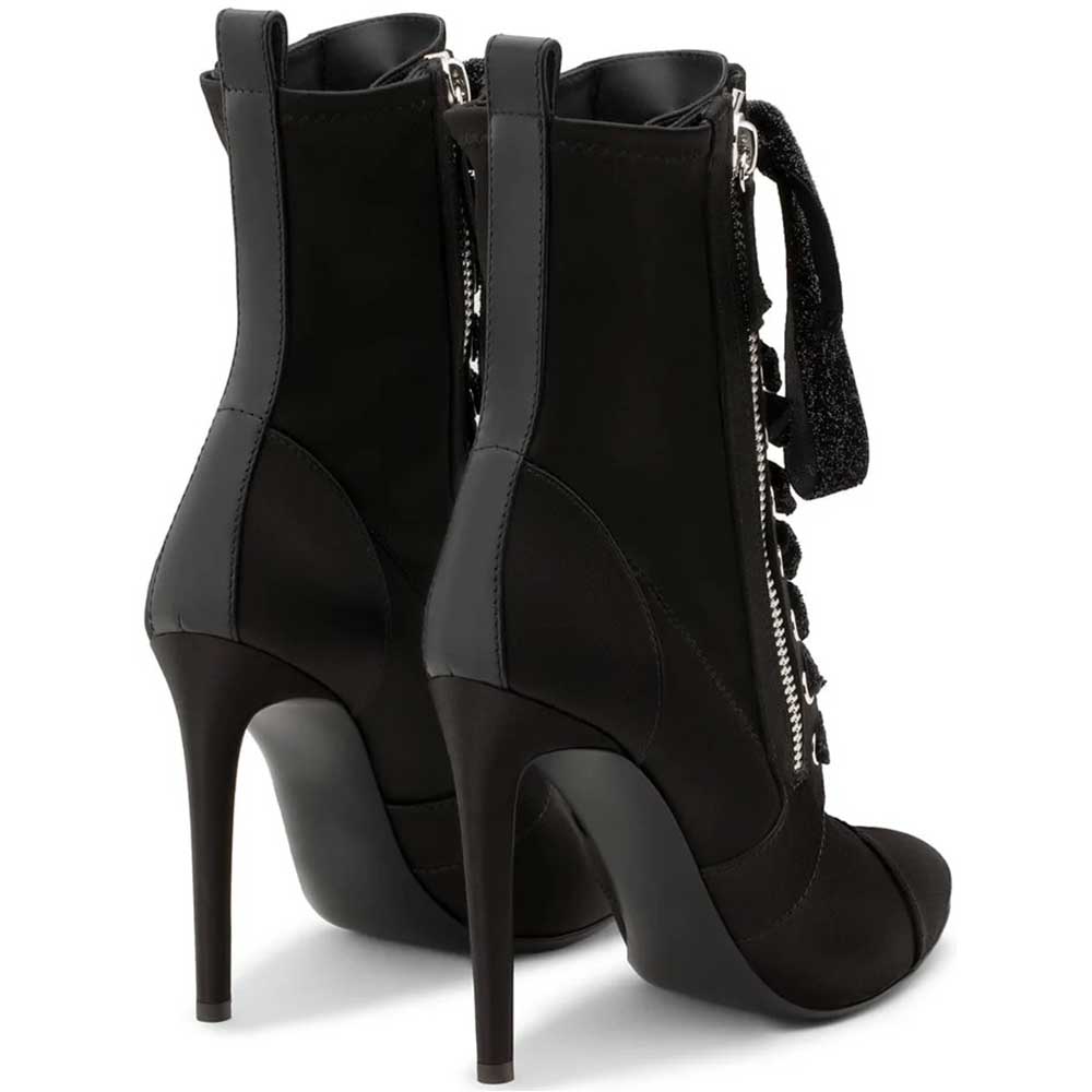 Black Pointy Toe Stiletto Heels Lace Up Ankle Boots