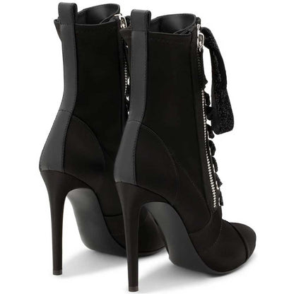 Black Pointy Toe Stiletto Heels Lace Up Ankle Boots