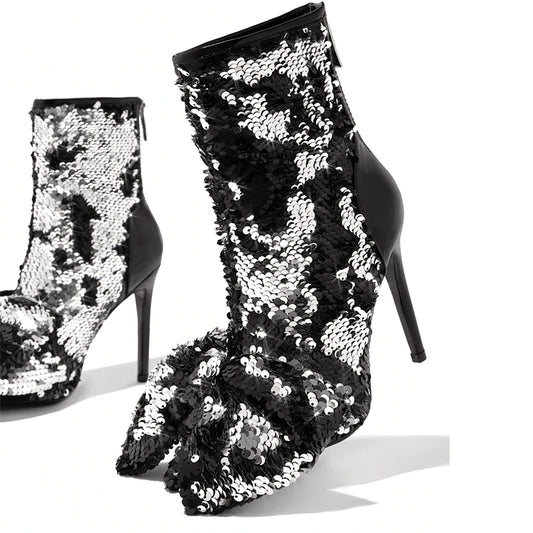 Black Sequin Shoes Pointed Toe Stiletto Heels Elegant Ankle Boots