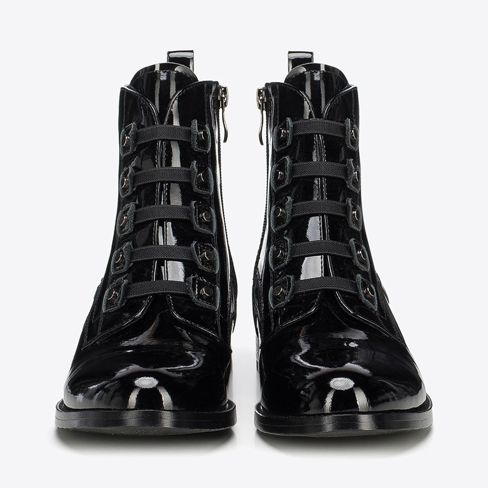 Black Patent Studded Round Toe Low Heeled Ankle Boots with Zipper
