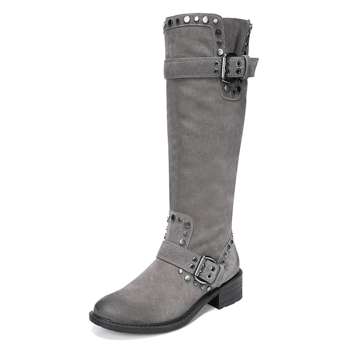 Grey Vegan Suede Block Heel Buckle Strap Knee High Boots with Studs