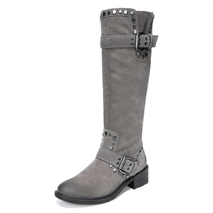 Grey Vegan Suede Block Heel Buckle Strap Knee High Boots with Studs