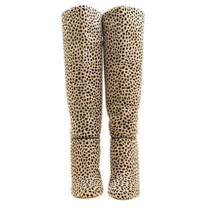 Khaki Leopard Print Stiletto Heels Round Toe Knee High Boots