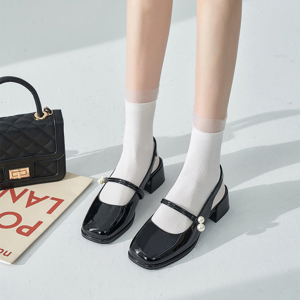 Black Patent Leather Square Toe Chunky Heel Slingback Loafers