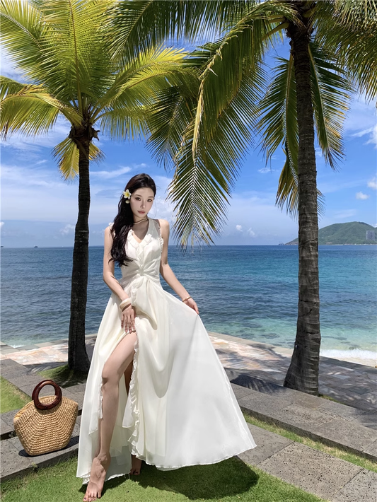 Elegant V-neck Design Beige Chiffon A-Line Beach Holiday Halter Dress TP3153