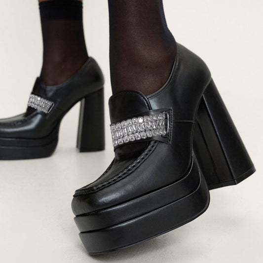 Black Square-Toe Crystal Strap Chunky Heel Platform Loafers