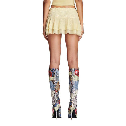 Multicolor Printing Pointed Toe Back Lace-Up Knee High Boots