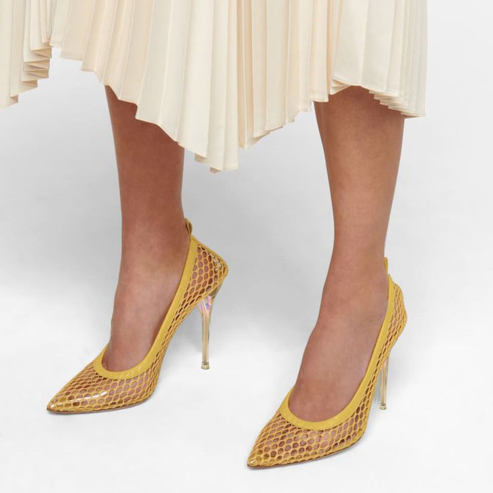 Yellow Mesh Closed Pointed Toe 4'' Stiletto Heel Pumps for Women