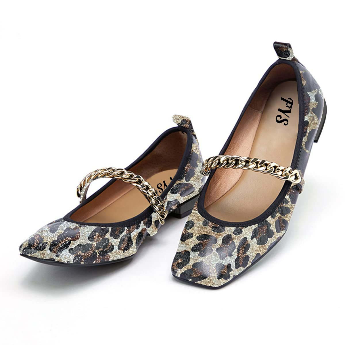 Trendy Square Toe Chain Strap Vegan Leather Leopard Flats