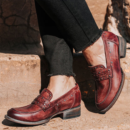 Maroon Distressed Block Heel Slip On Studded Low Heeled Loafers Women