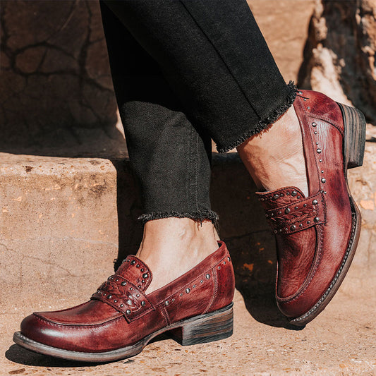 Maroon Distressed Block Heel Slip On Studded Low Heeled Loafers Women