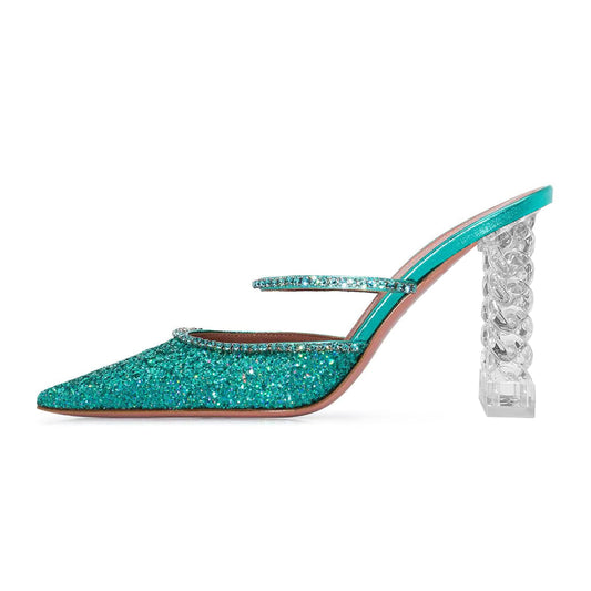 Turquoise Glitter Shoes Clear Heel Rhinestone Mules for Women