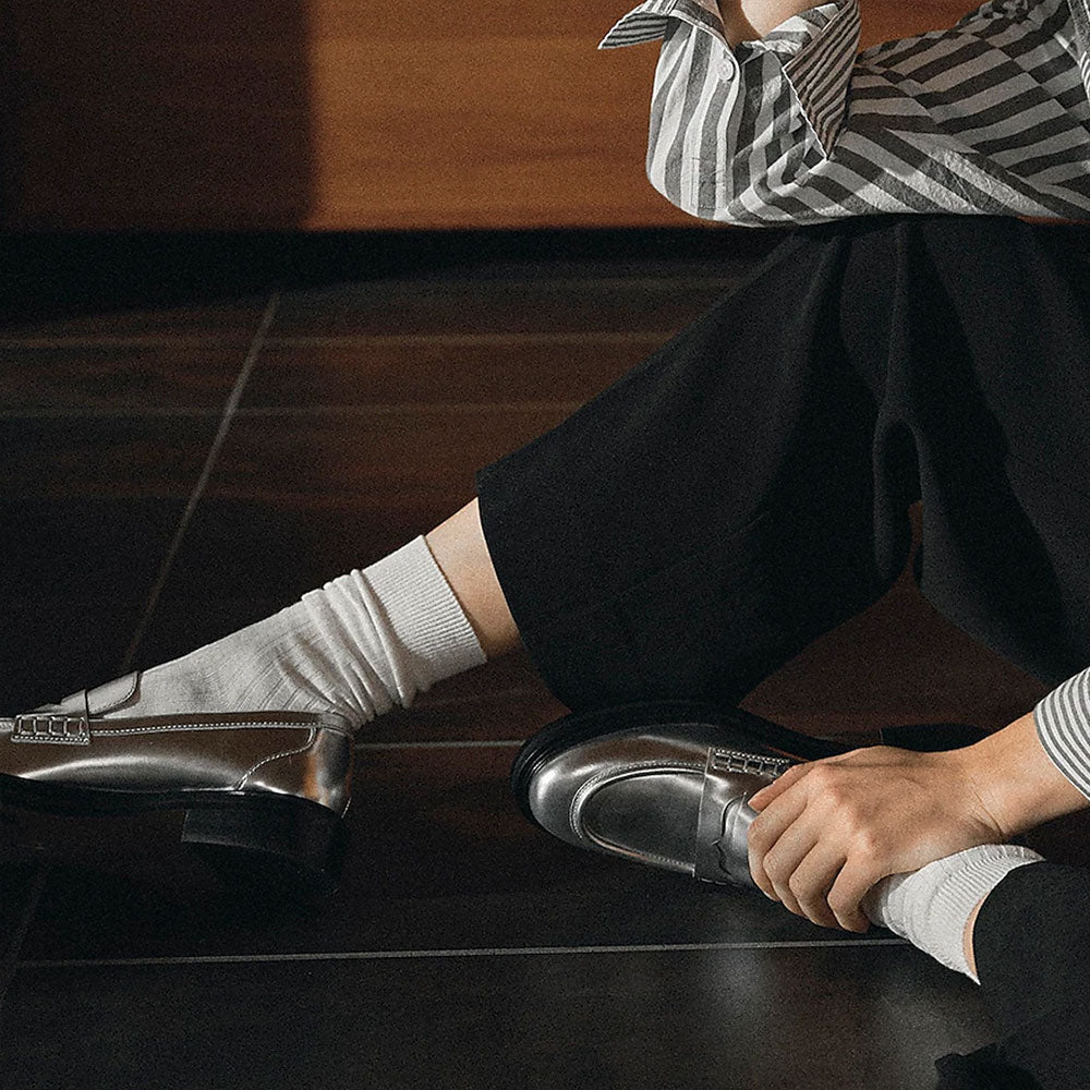 Silver Metallic Finish Round Toe Flat Penny Loafers for Women