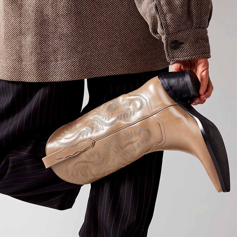 Classic Brown Embroidered Chunky Heel Mid-Calf Cowboy Boots for Women