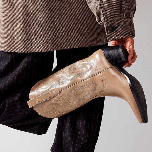 Classic Brown Embroidered Chunky Heel Mid-Calf Cowboy Boots for Women