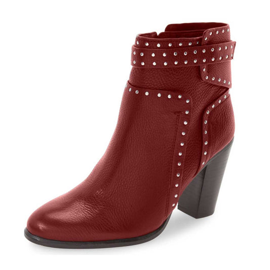 Women's Red Round Toe Studs Chunky Heel Ankle Boots