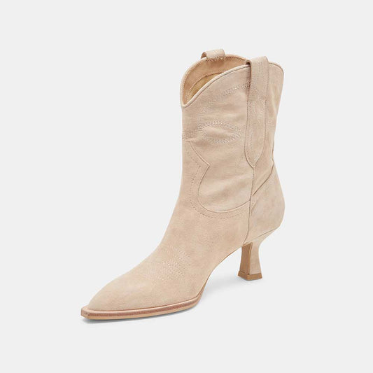 Beige Pointed Toe Kitten Heel Pull Tab Ankle Boots with Stitching