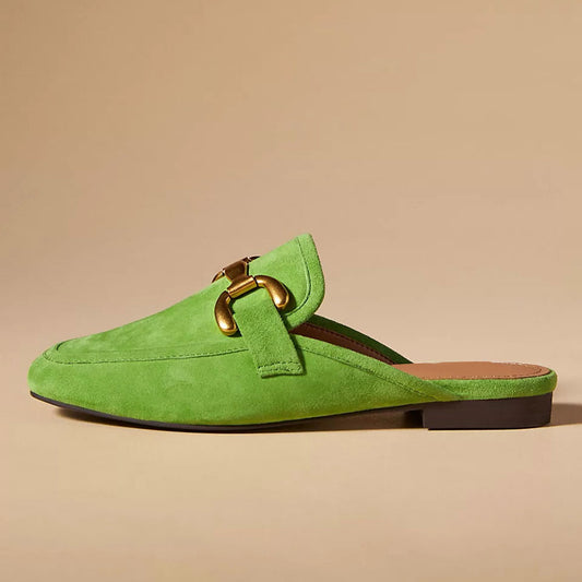 Green Faux Suede Round Toe Formal Slip On Loafers with Chain