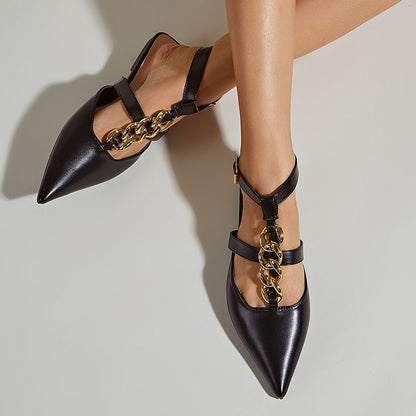 Women's Chain Embellished T Strap Pointed Toe Flats in Black