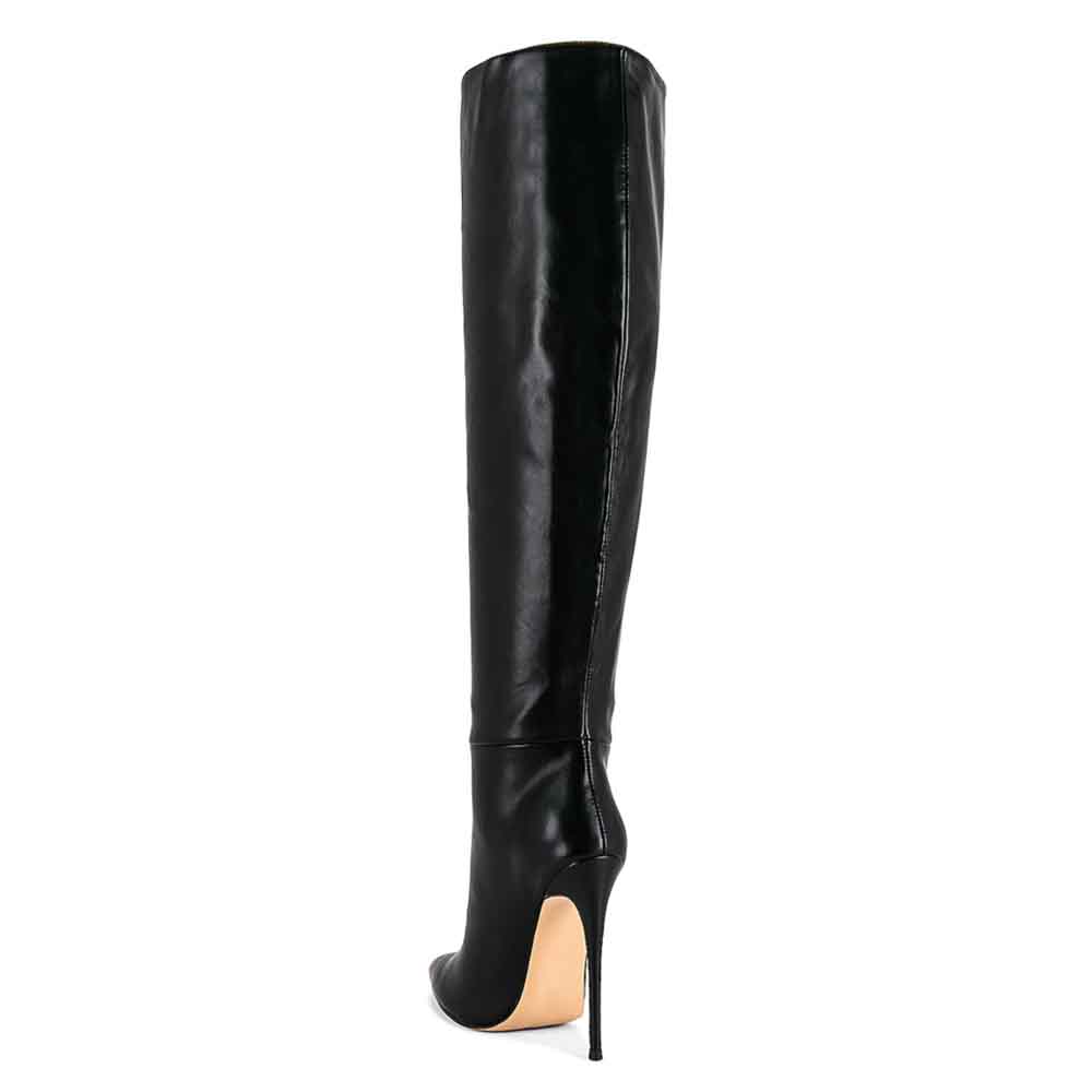 Black Wide Calf Knee High Boots with Stiletto Heels