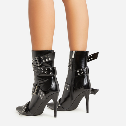 Black Closed Toe Stiletto Heel Studded Ankle Boots with Buckle