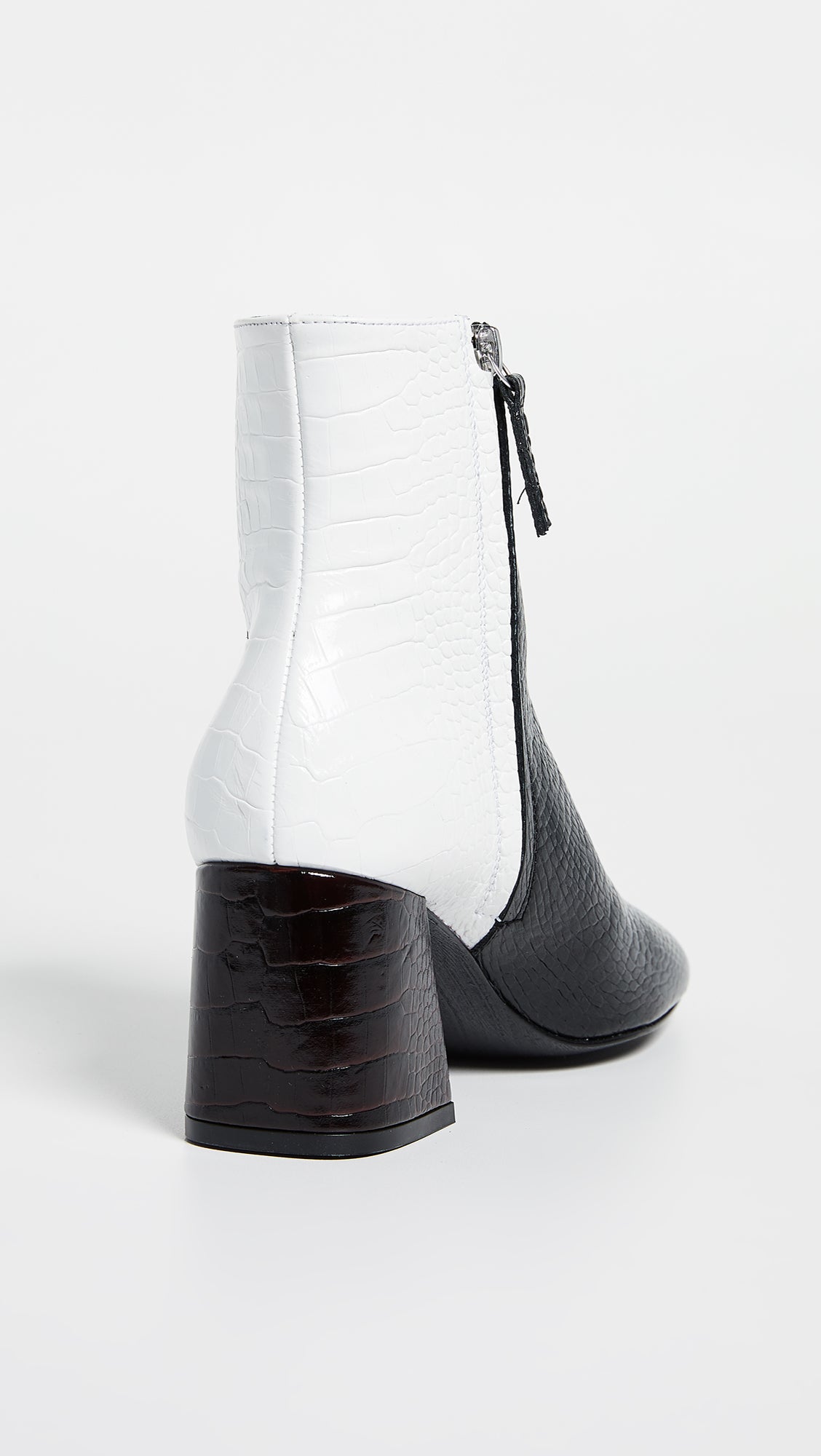 Black and White Crocodile Embossed Square Toe Block Heel Ankle Boots