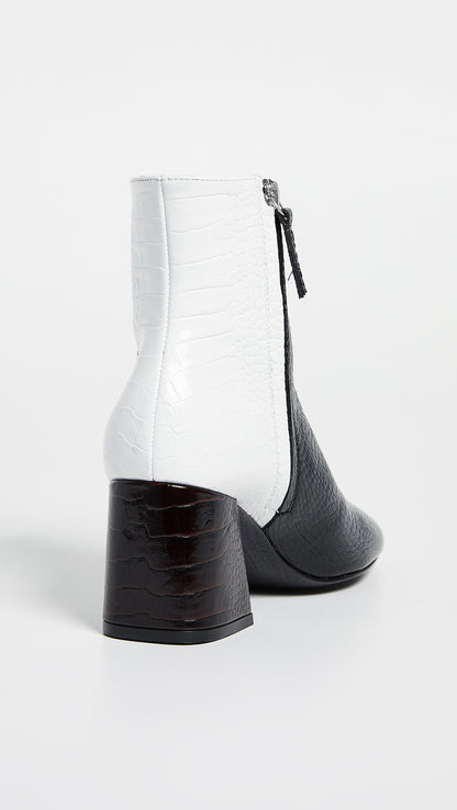 Black and White Crocodile Embossed Square Toe Block Heel Ankle Boots
