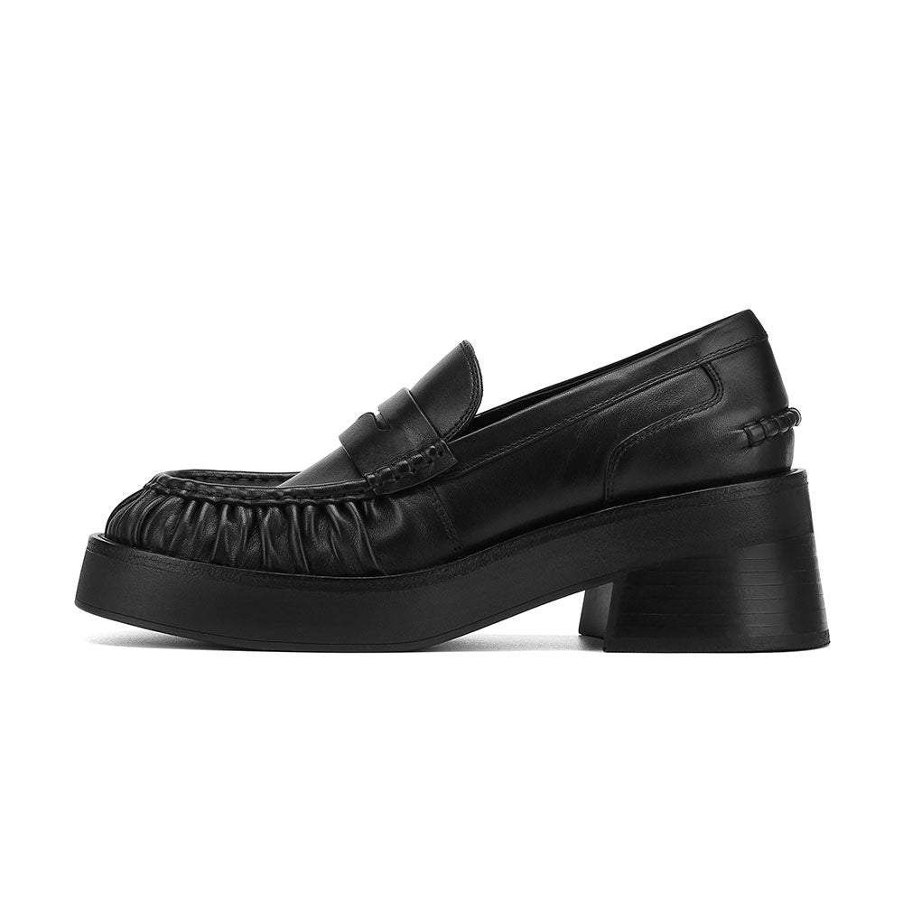 Black Round Toe Pleated Details Chunky Heel Platform Loafers