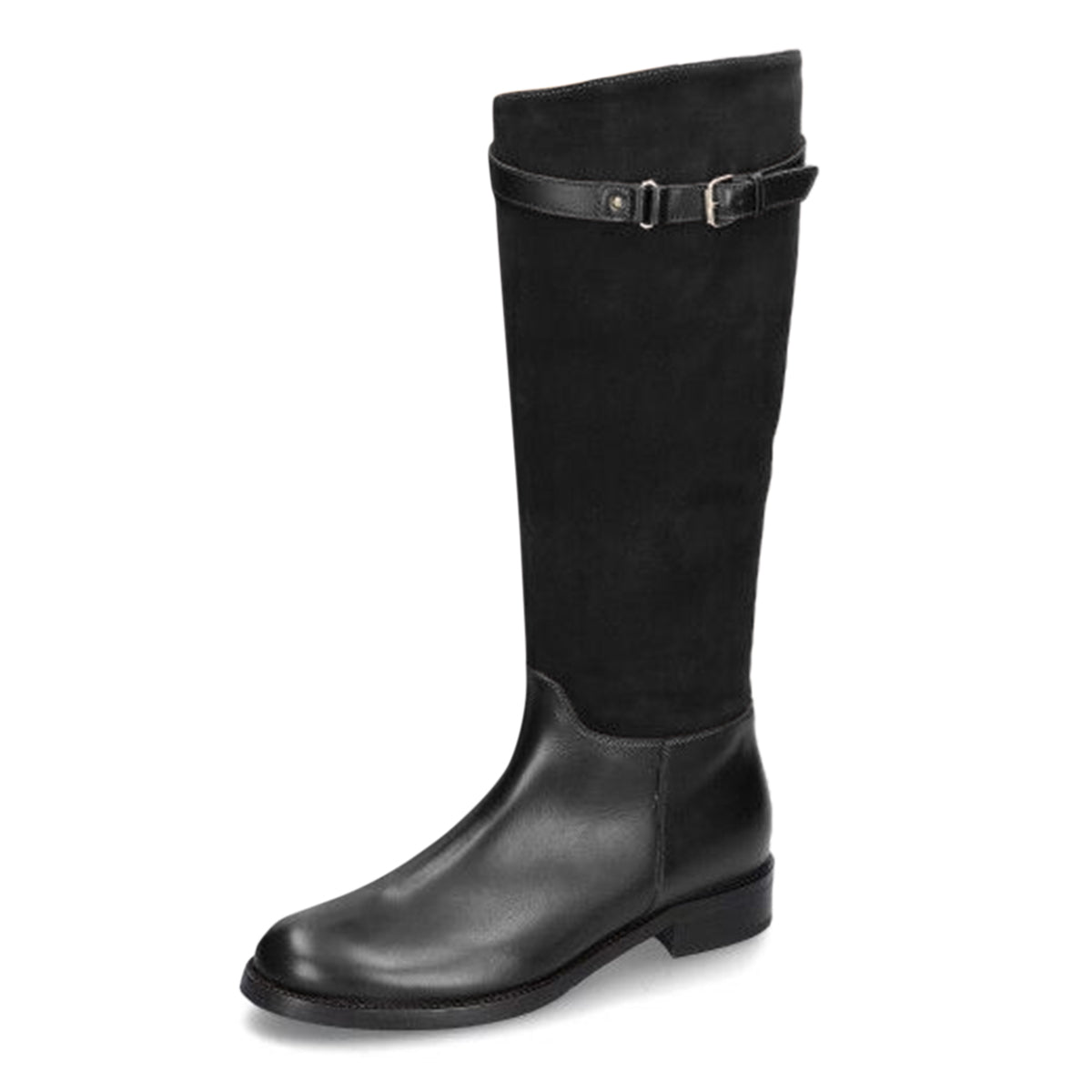 Black Patchwork Buckle Strap Round Toe Flat Knee High Boots for Women