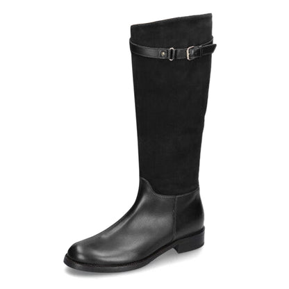 Black Patchwork Buckle Strap Round Toe Flat Knee High Boots for Women