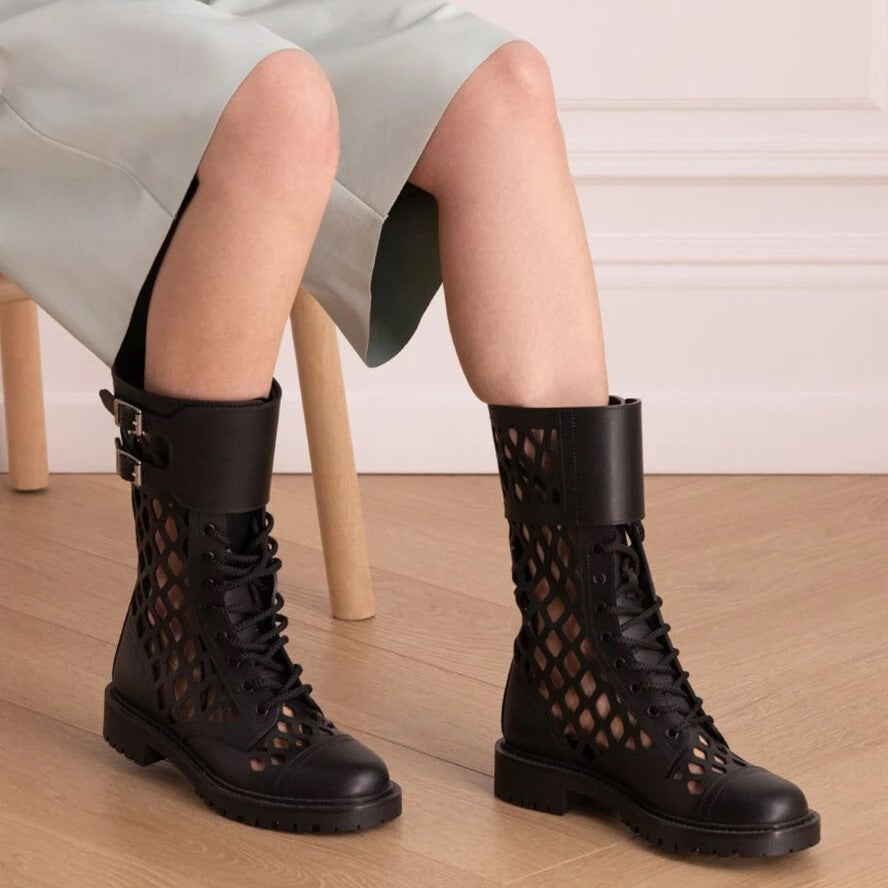 Black Buckle Lace-Up Hollow Out Round Toe Mid Calf Boots