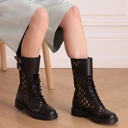 Black Buckle Lace-Up Hollow Out Round Toe Mid Calf Boots
