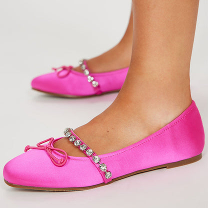 Hot Pink Satin Round Toe Rhinestone Ballet Flats with A Strap