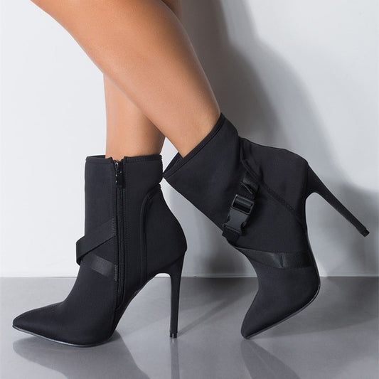 Black Buckle Stiletto Heel Ankle Boots