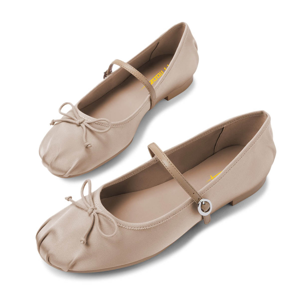 Casual Nude Satin Bow Round Toe Pleated Flats with Buckle Strap