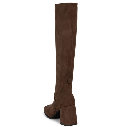 Brown Faux Suede Square Toe 3'' Chunky Heel Wide Calf Knee High Boots