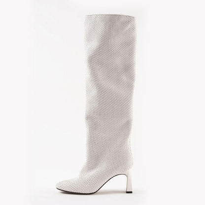 Chunky Heel Pull-On Woven Knee High Boots for Women in White
