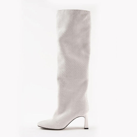Chunky Heel Pull-On Woven Knee High Boots for Women in White